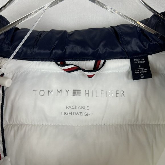 Tommy Hilfiger Womens Packable Hooded Puffer Jacket White Navy Blue Size Large - Picture 2 of 11